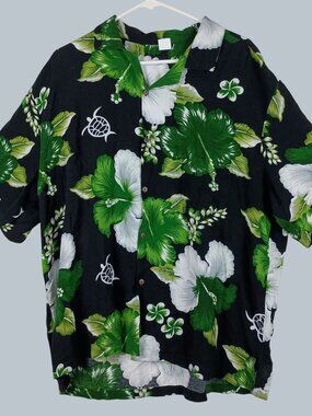 Floral Turtle Hawaiian Shirt XXL Black Green Tropical Boxy Aloha Beach